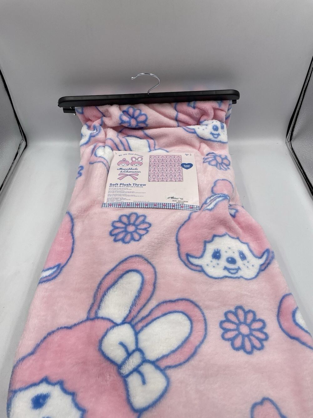 NEW Monchhichi & Ghimutan Pink and Blue Soft Plush Throw Blanket 50x70